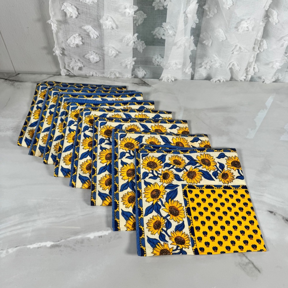 Set‎ of 8 Cotton Sunflower Napkins Yellow Blue Floral Geometric Cottagecore